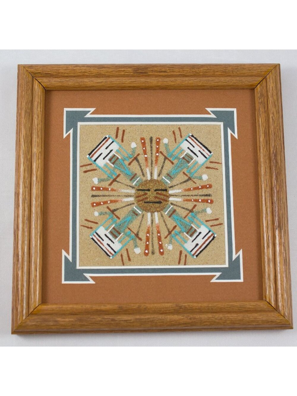 Navajo Art Sandpainting Four Way Yei by Wilton Lee Framed Matted 7x7"